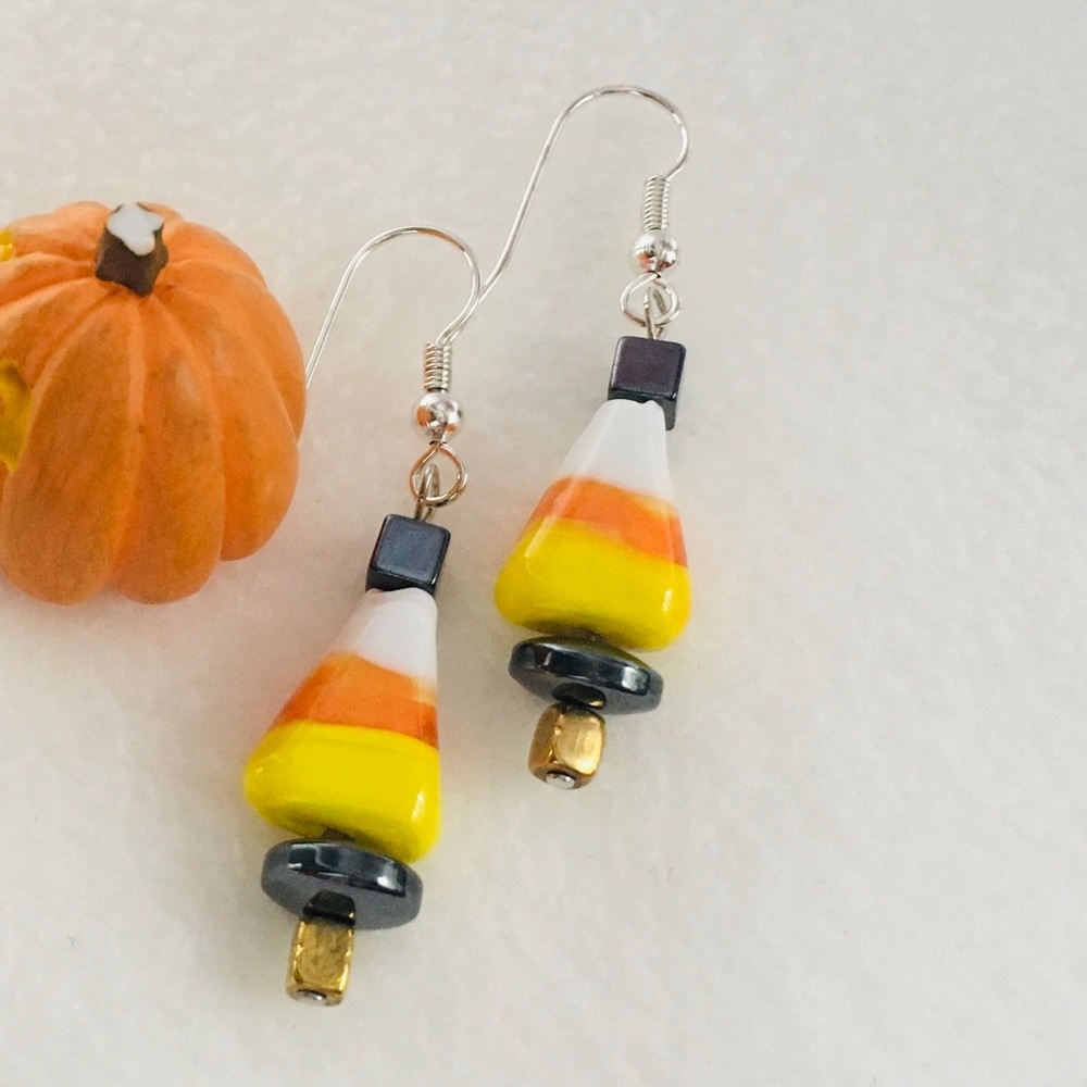 Halloween Candy Corn Earrings on Silver Hooks - Picture 4 of 4